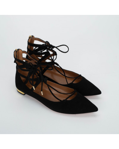 Aquazzura czarne płaskie sandały z wiązaniem