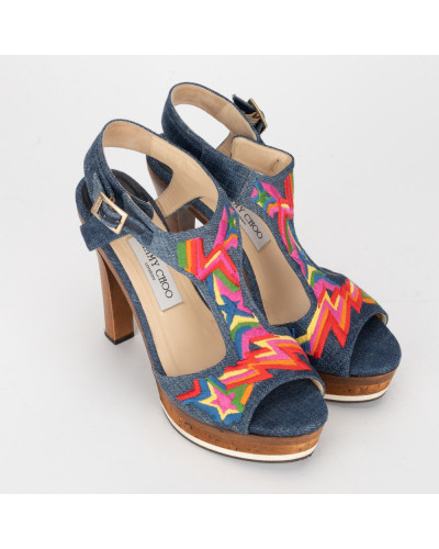 Jimmy Choo Dżinsowe Koturny z kolorowym haftem