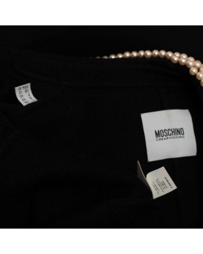 Moschino Płaszcz czarny z perełkami na kołnierzu