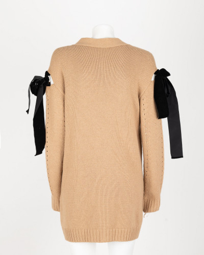 Red Valentino Sweter brazowy kardigan z czarnymi kokardami
