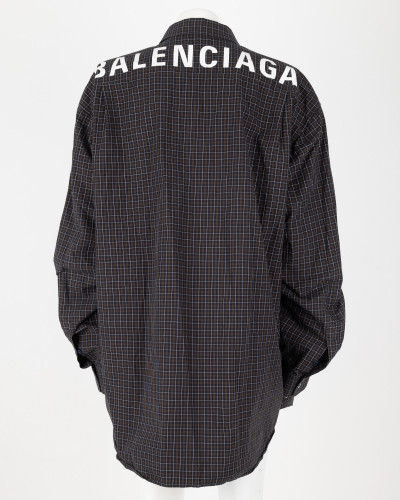 Balenciaga Koszula ciemna koszula w kratke i biale logo z tylu uszkodzenia na guzikach